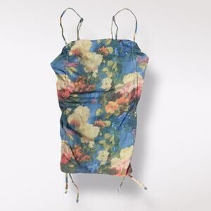 Urban Outfitters Tasmin Mesh Rouched Cropped Cami Size XS Blue‎ Floral